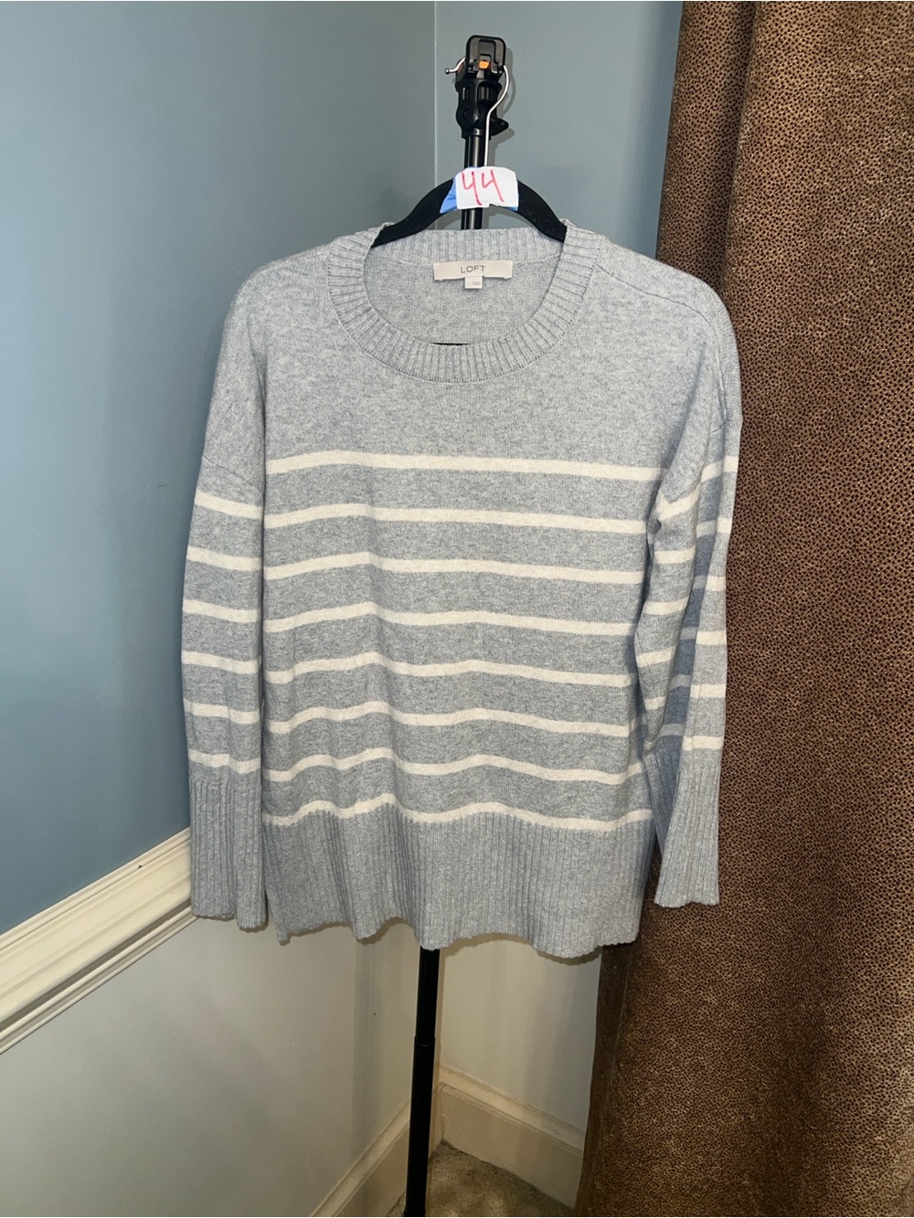 LOFT Light Blue and White Striped Crewneck Sweater